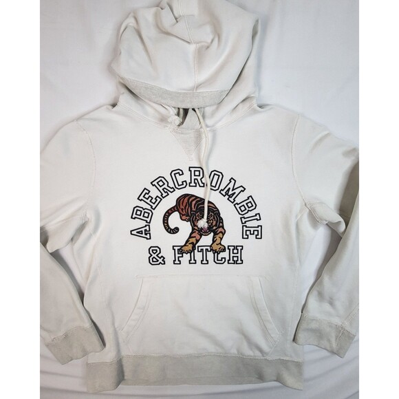 Abercrombie & Fitch White Pullover Unisex Small Hoodie Tiger Logo Y2K - Picture 2 of 6